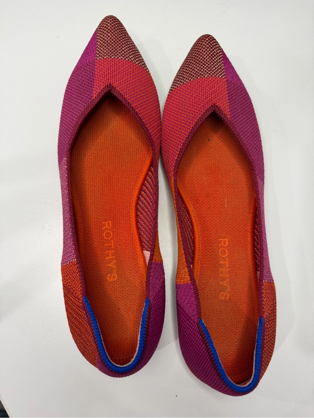 Rothy's Pointed Knit Flats in Pink, Orange and Blue Accents